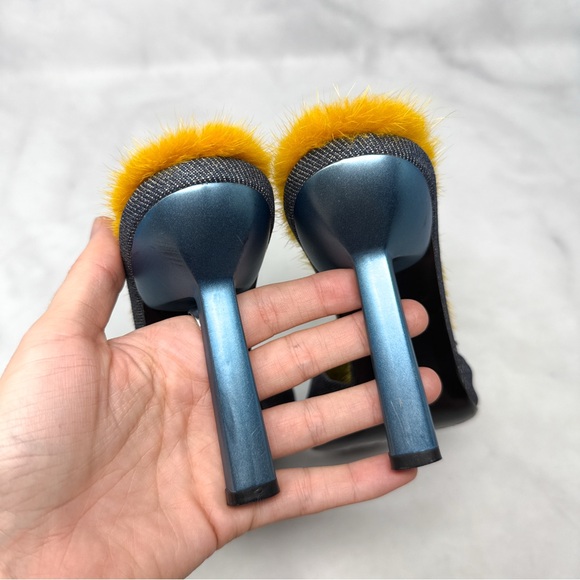 Giuseppe Zanotti Vicini Vintage Rare Mink Fur Glitter Denim Mule Slide Heels 39 - Picture 6 of 12